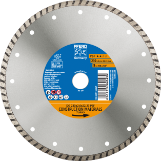 Diamond cut-off wheels for the construction industry, type with continuous rim (TURBO) PSF