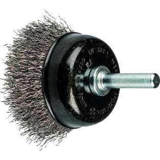 Cup brush, crimped, universal, for power drill, shank-mounted